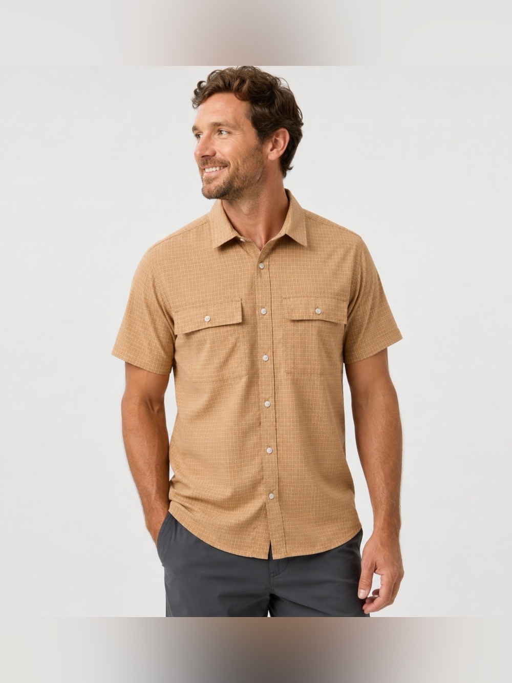 prAna Men`s Garvan Short Sleeve Shirt in Embark Brown size XL Tall NWT